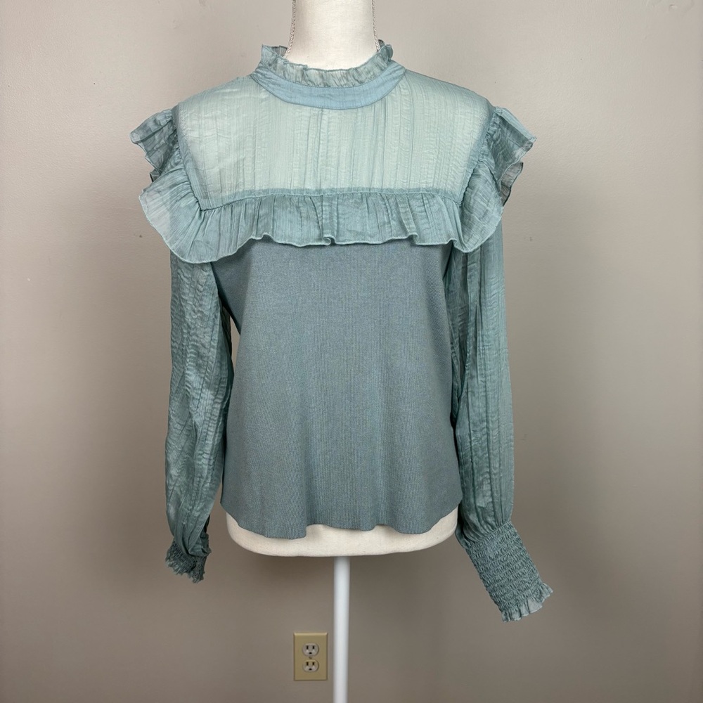 Broadway 38 Top Women's Large Teal Ruffle Sheer‎ Sweater Blouse Cut Out Chic